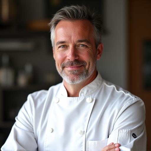 Portrait professionnel du Chef Jean-Pierre Dubois en tenue de cuisine